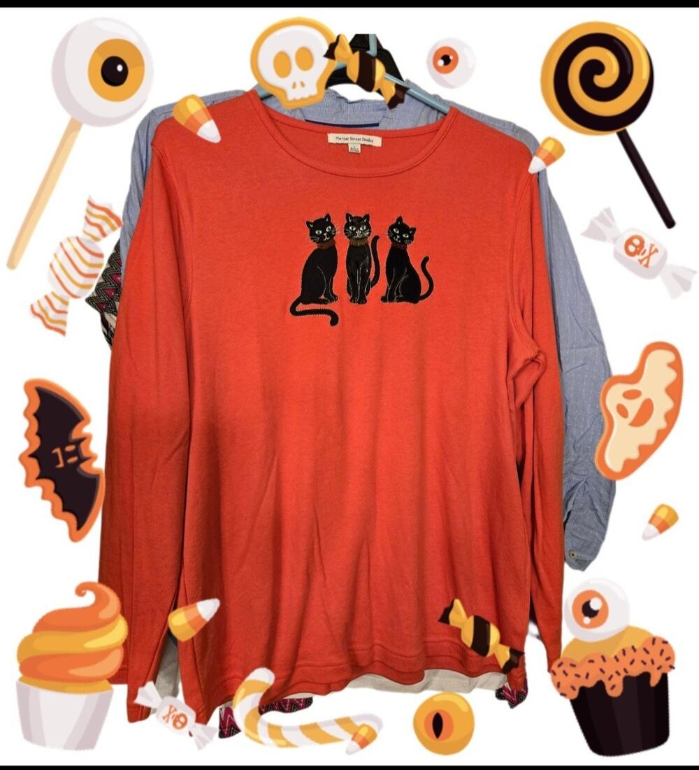 Vintage Mercer Street Studio Black Cat Fall Halloween Long Sleeve Shirt - Large